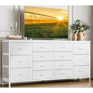 14 Drawer Dresser  63 Inch White Fabric Dresser TV Stand with Power Outlet for 65 70 75 Inch TV  Long Entertainment Center for Bedroom  Closet  Living Room  Entryway