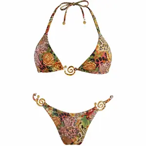 Vintage Floral Leopard Print Bikini with Gold Buckle Detail, Adjustable Halter Triangle Swimsuit for Beach Vacation