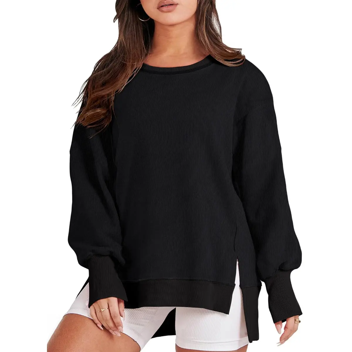 Aleumdr Women's Plus Size Curvy Clothing Casual Cozy Sweatshirt - Classic Crewneck Long Sleeve Pullover Top with High-Low Slit Hem, Plussize