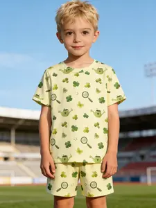 Kids Light Yellow Clover, Magnifying Glass & Watering Can Print Casual Set, Short Sleeve T-Shirt and Shorts Two-Piece Trendy Outfit
