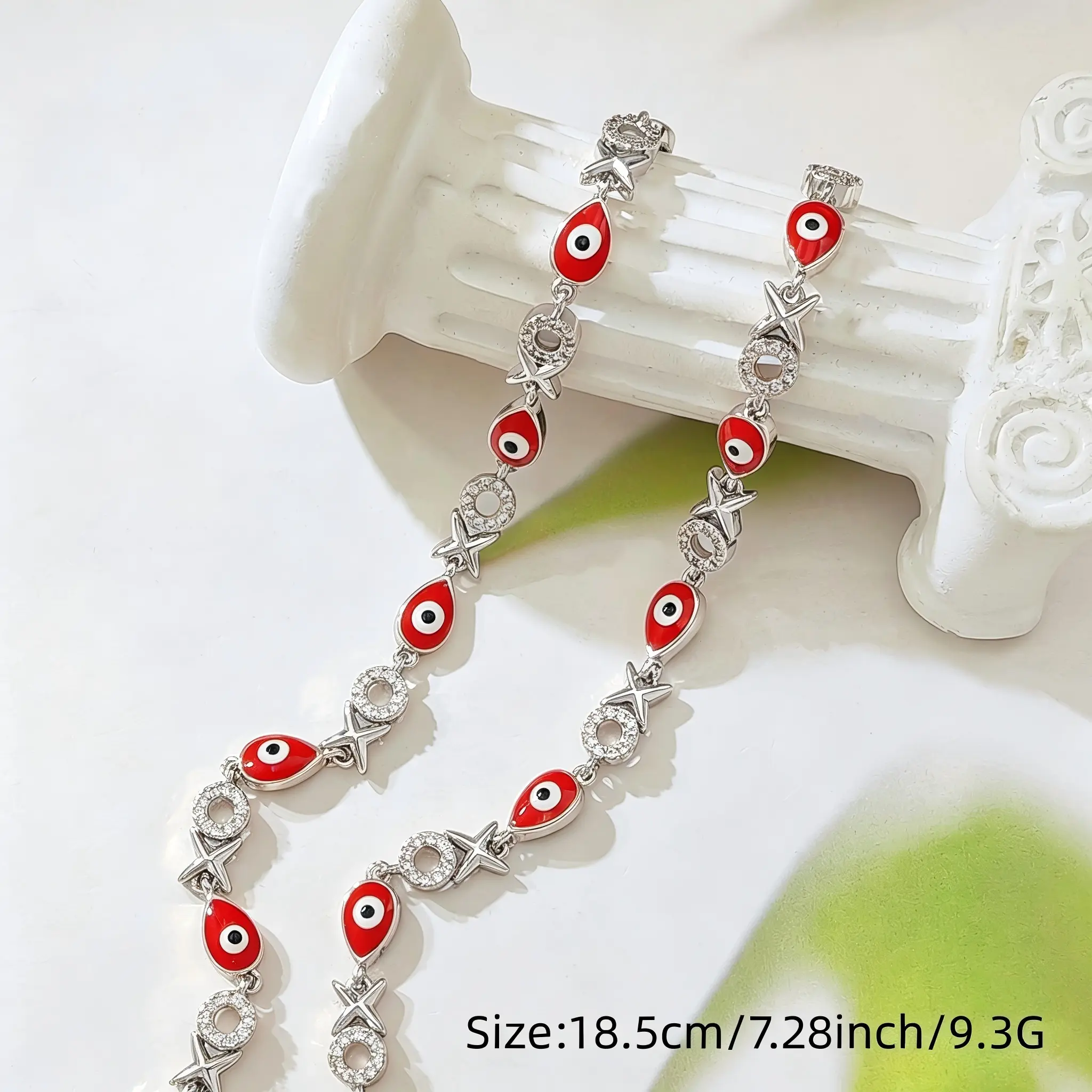 Women's Silver-Tone Adjustable Chain Bracelet - Red Enamel Evil Eye Charm with Cubic Zirconia Circle, XO Cross Links, Dainty Look, Everyday Wear, Eye Charms, Unisex Jewelry Bracelets & Bangles, Protective Gift for Birthday, Anniversary, Chain Jewelry Brac