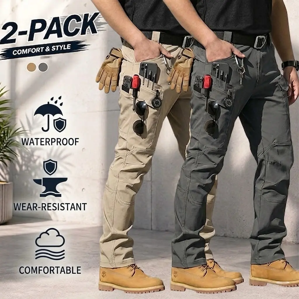 2-Pack Men’s Tactical Pants – Slightly Stretchable Waterproof Fabric, Durable Hard Shell Construction, Wear-Resistant Workwear Pants, Checkered Fabric, Suitable for Hiking, Casual Wear, and Work, Multi-Pocket Design (Belt Not Included)