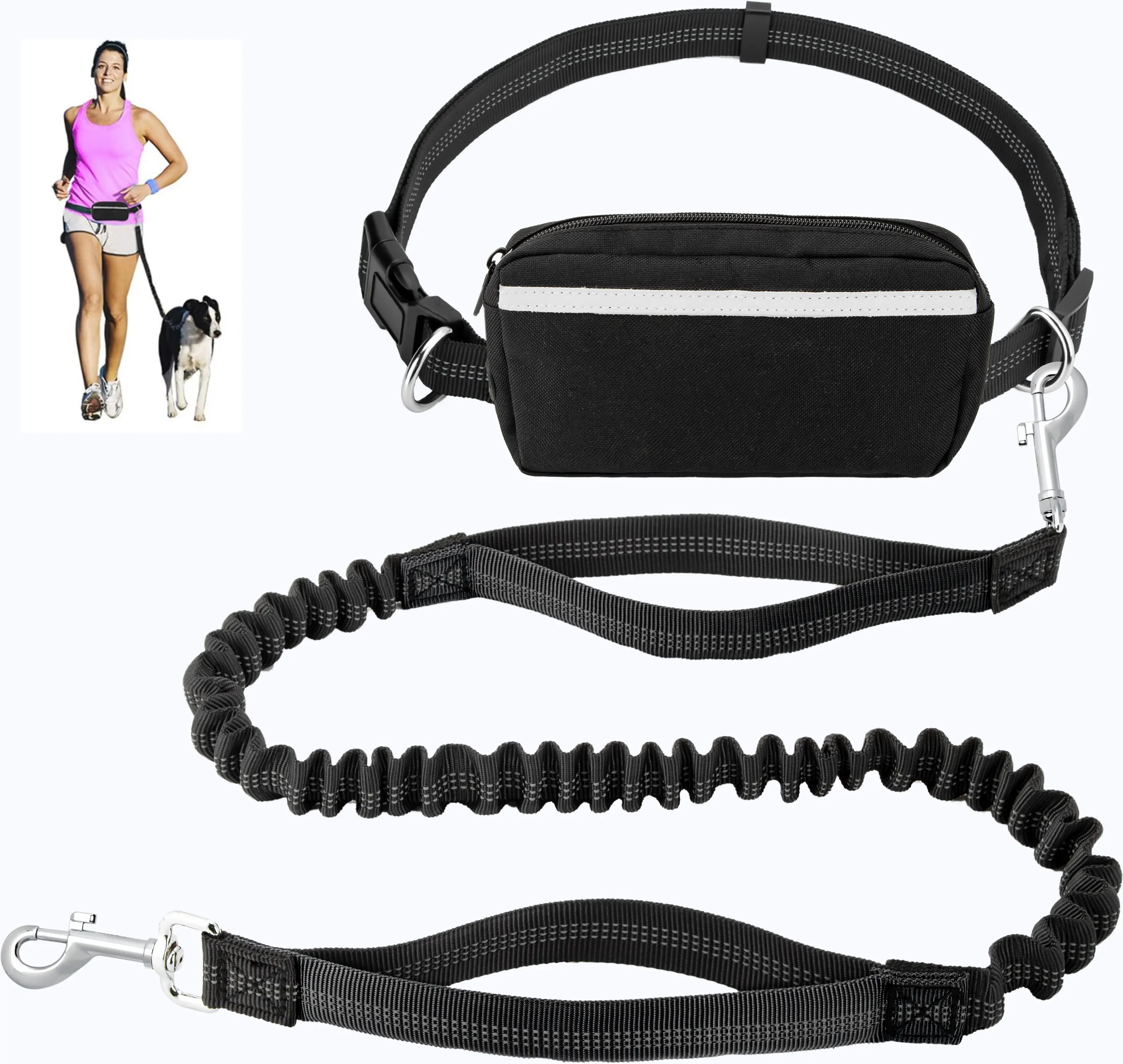 Hands-Free Dog Leash & Adjustable Universal Harness with Durable Bungee, Dual Padded Handles, Zipper, Reflective Strips, Harness Straps for Walking, Jogging