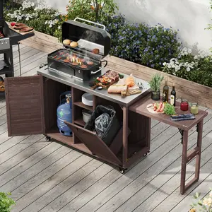 ARCH K&K 78.3" Outdoor Kitchen Island with Foldable Grill Table, Wooden Outdoor Grill Cart with Trash Can Storage & Stainless Steel Top, Outdoor Bar Cart, Pizza Oven Table for Lawn & Garden, Dark Brown