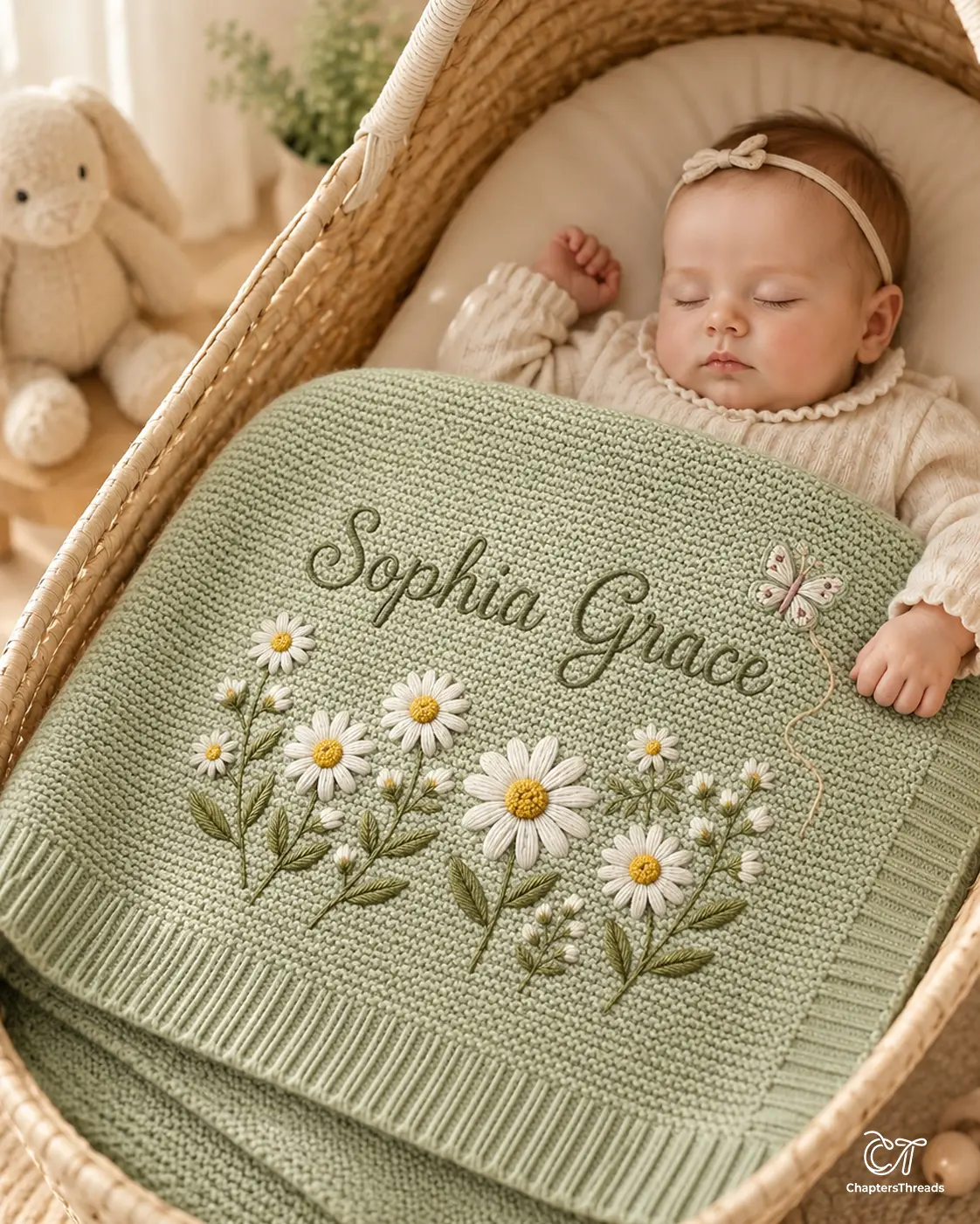 [Made-to-Order] Personalized Wildflower Embroidered Name Blanket, Custom Daisy Botanical Blanket, Cottagecore Floral Knit Blanket, Newborn Keepsake Gift, Welcome Baby Blanket