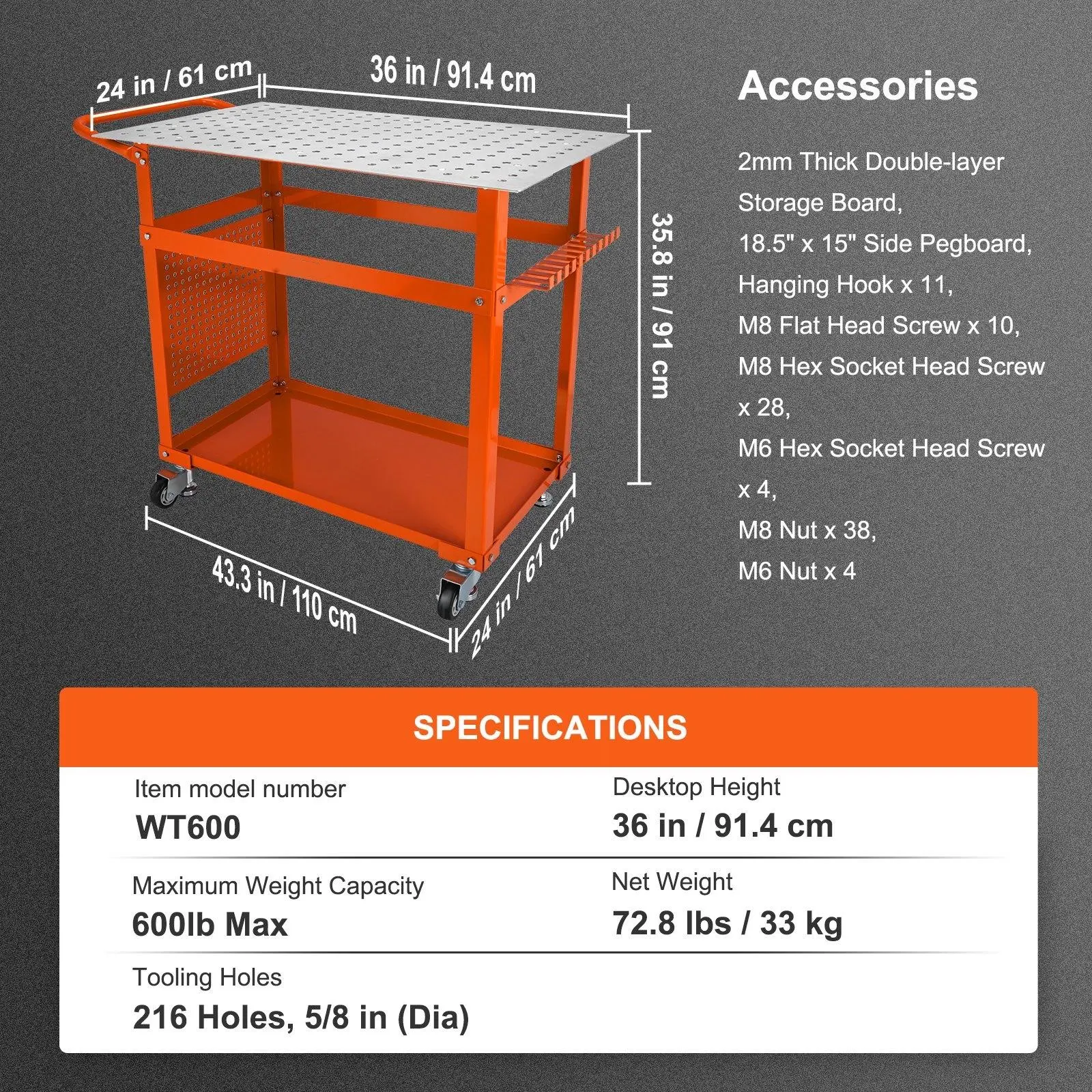 36x24&18" Welding Tables, 600/1200LBS Capacity, Portable with Wheels, Double/4 Slots, 5/8" Holes, Hooks/Tool Tray