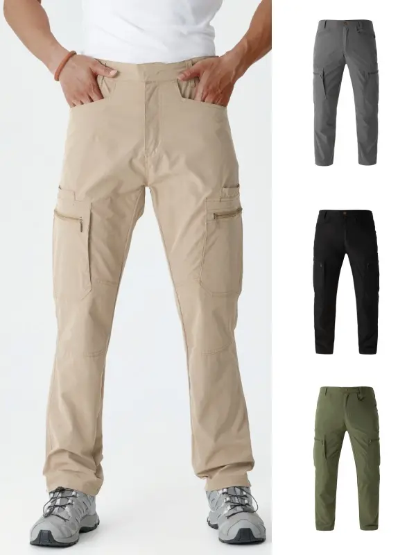 Men’s Zip Multi Pocket Lightweight Cargo Pants, Straight Leg Quick Dry Polyester Utility Trousers, Wrinkle Resistant Water Repellent Outdoor Hiking Trekking Travel Work Bottoms For All Seasons