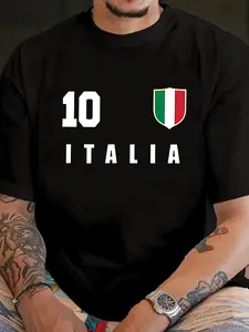 Men's Italy National Football Team Jersey Shirt, Size 10 Italian Flag & Soccer Logo Printed Tee, Lightweight Breathable Polyester Fabric, Stylish Jersey