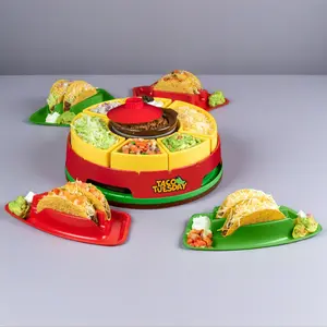 Taco Tuesday Heated Lazy Susan Taco Bar with Removable Warming Pot 6 Topping Trays & 4 Taco Holders for Easy Cleaning and Sharing