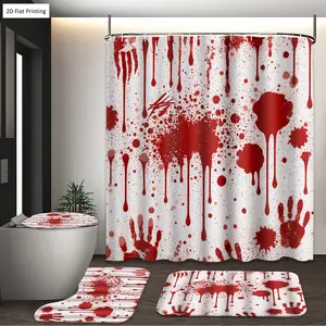 1/3/4PCS HALLOWEEN BLOOD SPLATTER AND HANDPRINT PRINTED ITEM Shower Curtain Set with Rugs, Non Slip Bath Mat, U-Shape Carpet, Toilet Lid Cover, Bathtub Curtain Accessories, 12 Hooks, Home Bathroom Festival Decor