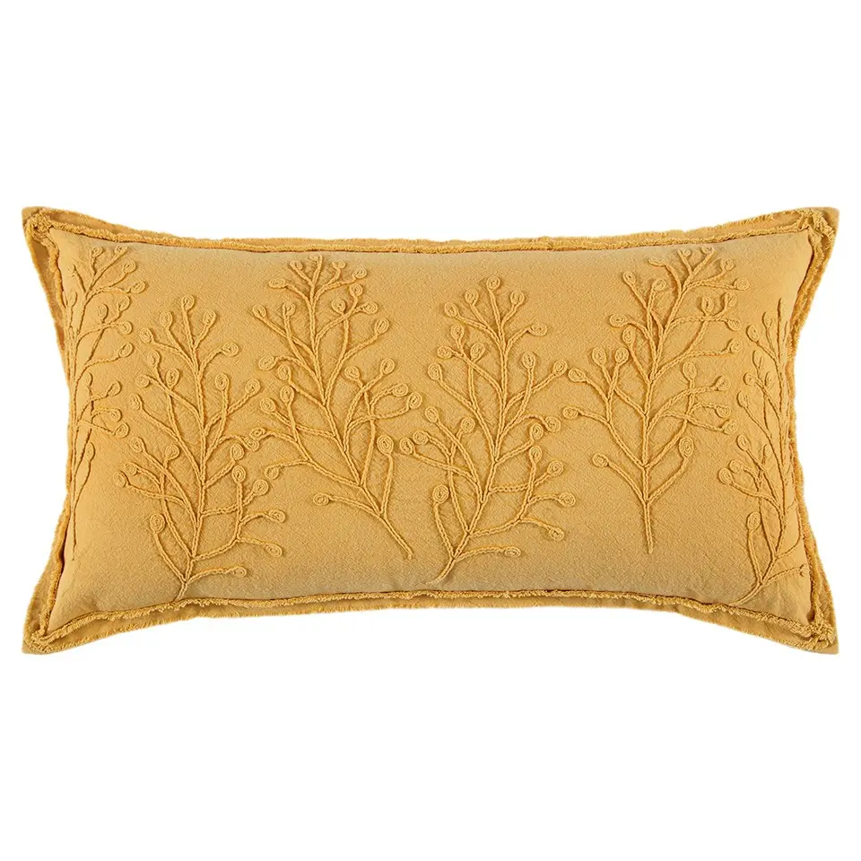 HomeRoots 403483 Embroidery Earthy Yellow Botanical Pattern Lumbar Throw Pillow - Polyfill, Corded Seams, Removable Cover for Living Room Indoor Solid Home Styling, Frayed Framing