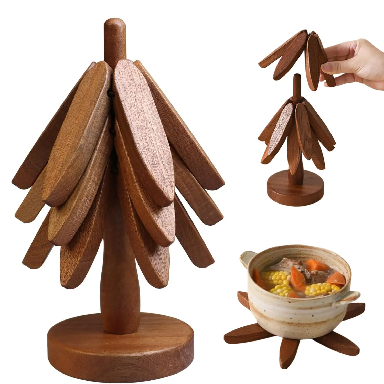 Walnut Kitchen Wooden Trivet for Hot Dishes, Tree Shape Trivet with 7.7 Inch Layers & 1 Stand, Stylish Gift for Hot Pot and Pans