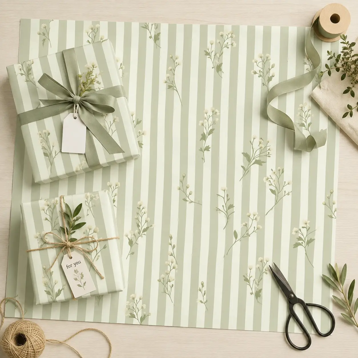 Sage Green Stripe White Wildflower Gift Wrapping Paper Sheet, Pastel Green Vertical Stripes & Floral Wrapping Paper, Aesthetic Cottagecore Birthday Baby Shower Gift Wrap