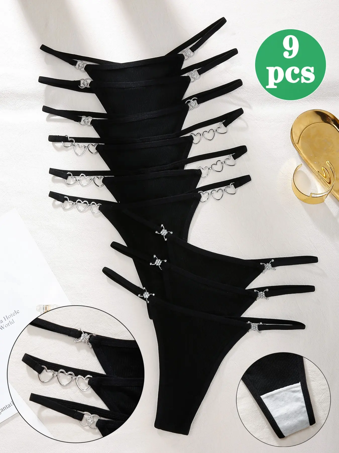 9pcs Elegant Low Rise Casual Thong Panties with Heart Chain, Rhinestones Design, Soft Comfortable Ribbed Fabric for All Seasons, Perfect Valentine's or Birthday Gift, Everyday Underwear