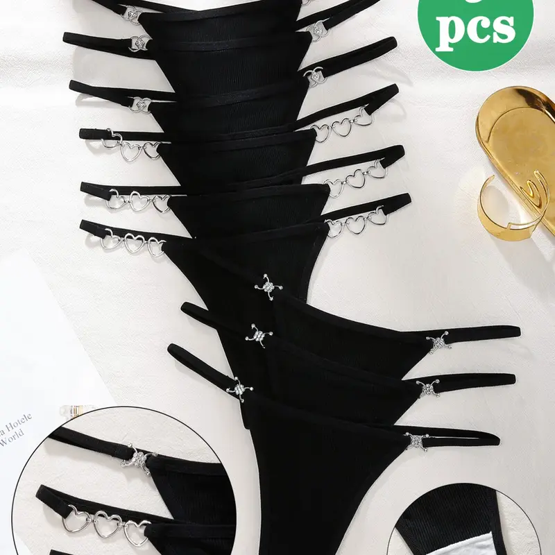 9pcs Elegant Low Rise Casual Thong Panties Soft Fit Panty with Heart Chain, Rhinestones Design, Soft Comfortable Ribbed Fabric for All Seasons, Perfect Valentine's or Birthday Gift, Everyday Underwear