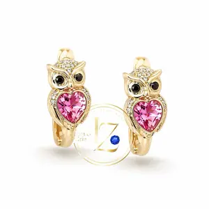 Elegant Owl Design Earrings with Pink Heart and Black Eyes in Gold Tone