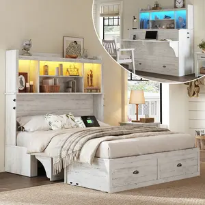 [Mattress NOT Included] [Ship in 2 Boxes] AMERLIFE Murphy Bed with Bookcase Headboard & LED Light, Farmhouse Cabinet Bed with Storage Drawer, Charging Station and Desk for Home Office/Guest Room/Small Spaces