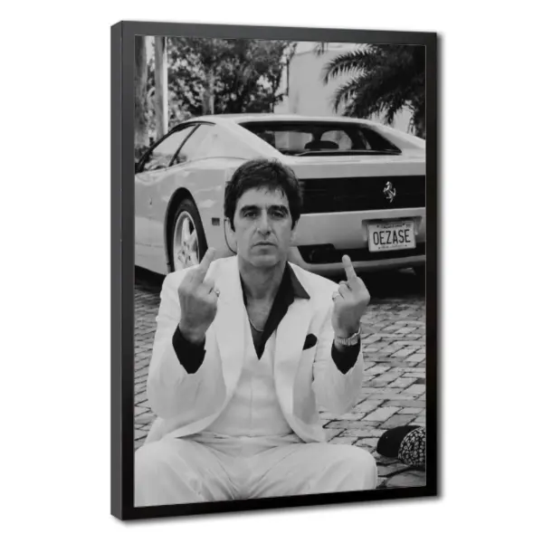 Tony Montana Poster – Scarface (1980s classic gangster movie) still; eco-friendly art paper wall decor; black-and-white print; a great gift for movie fans to decorate their homes or man caves.