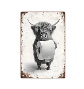 Highland Cow Holding Toilet Paper Metal Tin Sign, Creative Bathroom Wall Art, Funny Restroom Sign For Home, Cafe, Restaurant, Decoration Itemscan be customized with your own design