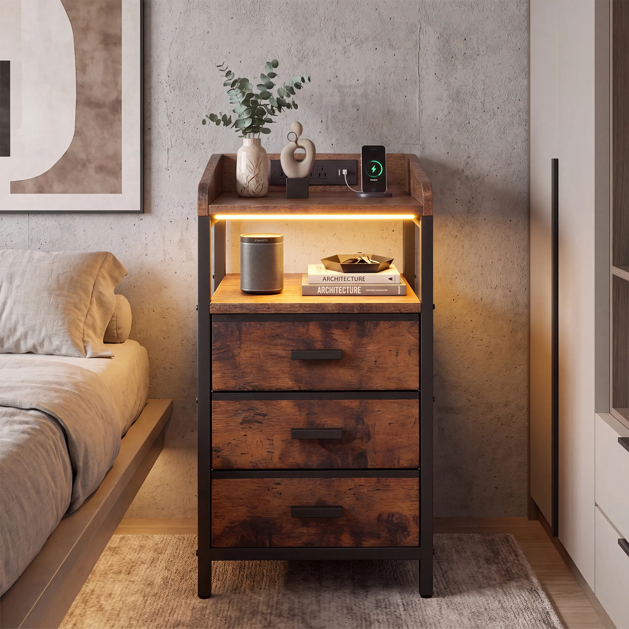 CHAIRUS Rustic Brown Nightstand with LED Light & Built-In Charging Station, Bedside End Table with 3 Fabric Storage Drawers, Integrated 2 USB Charging Ports & AC Power Outlets, Multi-Functional Bedroom Accent Side Table Home Decor