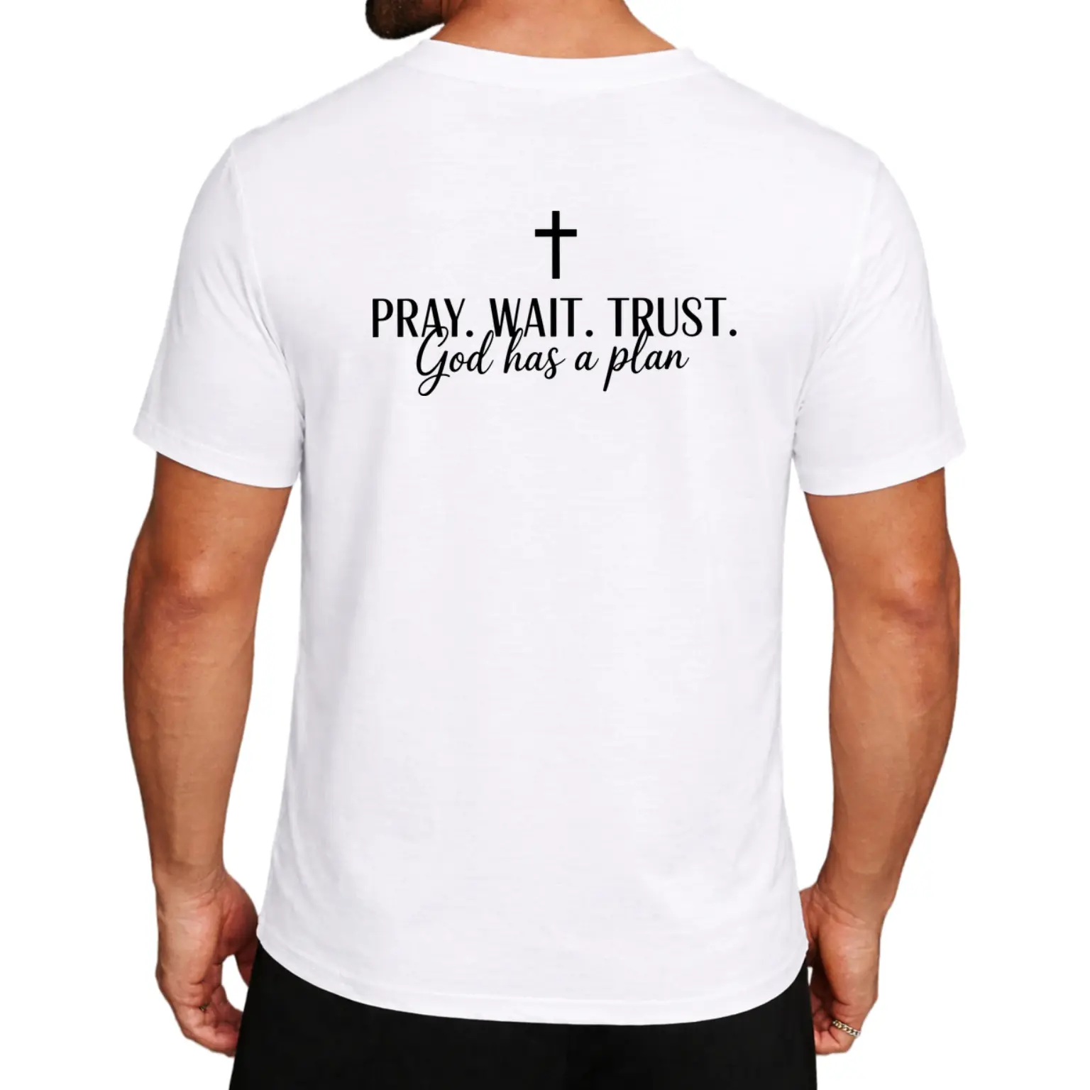 Men's Christian Faith T-Shirt - "Pray Wait Trust God Has a Plan" Religious Back Print, Soft Breathable Church Clothing, Short Sleeve Shirt Suitable for Prayer Meetings & Casual Wear - Christian Apparel