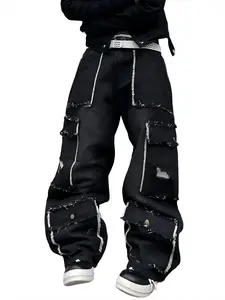 UP.THE Street Style Vintage Washed Workwear Denim Pants with Distressed Patchwork Design & Multiple Pockets Loose Fit for Casual Outings Black Jean