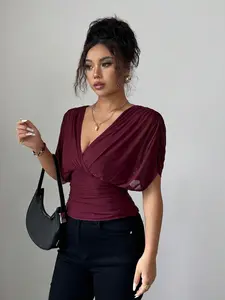 A women's solid color fashionable elegant hot girl style deep V-neck ruffled shoulder waist-cinching top, suitable for summer, daily commuting, casual wear, and vacation, Burgundy Womenswear Blouse