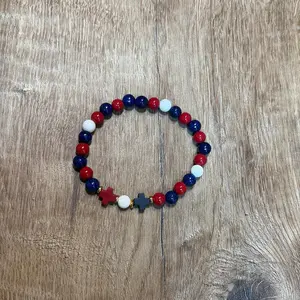 Red & Blue Cross Bracelet with Patriotic Beads and Adjustable Fit for Everyday Wear