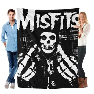 Misfits Punk Icon Christmas Gift Flannel Blanket Edgy Black-and-White Design with Skull Logo Bold MISFITS Text and Skeleton Hands Perfect for Punk Horror Fans
