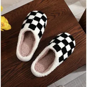 Women's Flat Slide Shoes, Unisex Winter Checkered Plush House Footwear with Cozy Warm Fuzzy Stylish Design and Non-Slip EVA Sole,summervibes