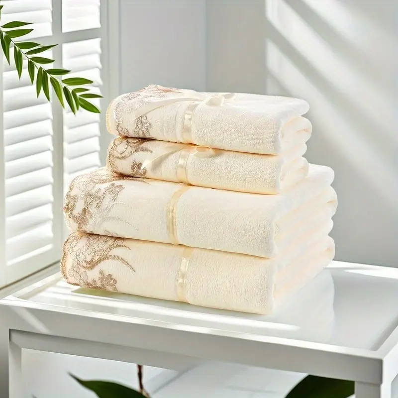 4pcs Lace Embroidery Towel Set, Soft Hand Towel Bath Towel, Household Bath Linen Sets, Absorbent Towels For Bathroom, 2 Bath Towel & 2 Hand Towel, Bathroom Supplies, Bathroom Accessories, Wash Cloths Pink