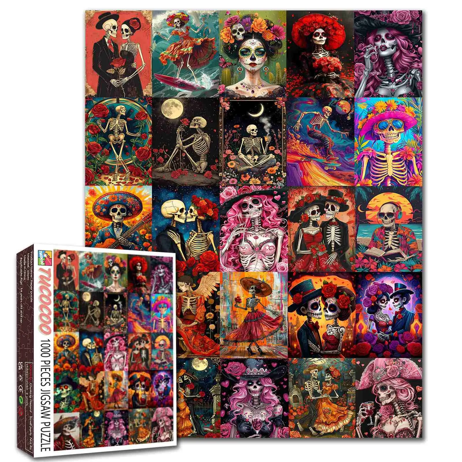 Tucocoo Day of the Dead Skeleton Collage 1000 Pieces Jigsaw Puzzle, Colorful Sugar Skulls with Flowers and Vintage Costumes, Challenging Brain Teaser for Adults, Relaxing Family Game Entertainment Halloween Gift and Wall Decor, 27.5x20inch(70x50cm)
