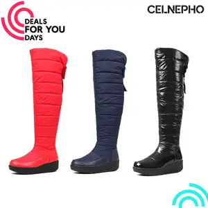 CELNEPHO Womens Winter Over the Knee Boots Round Toe Wedge Heel Thick Sole Warm Velvet Lined Side Zipper Closure Bow Knot Design Snow Boots for Casual Outdoor Puffer Boots Deals For You Days