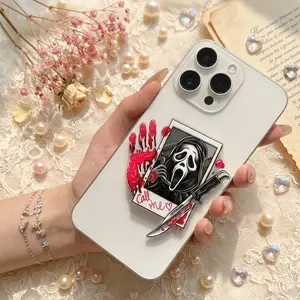 Spooky Mask Phone Grip, Horror Acrylic Holder with Red Handprint, Creepy Phone Stand for Phone Cases
