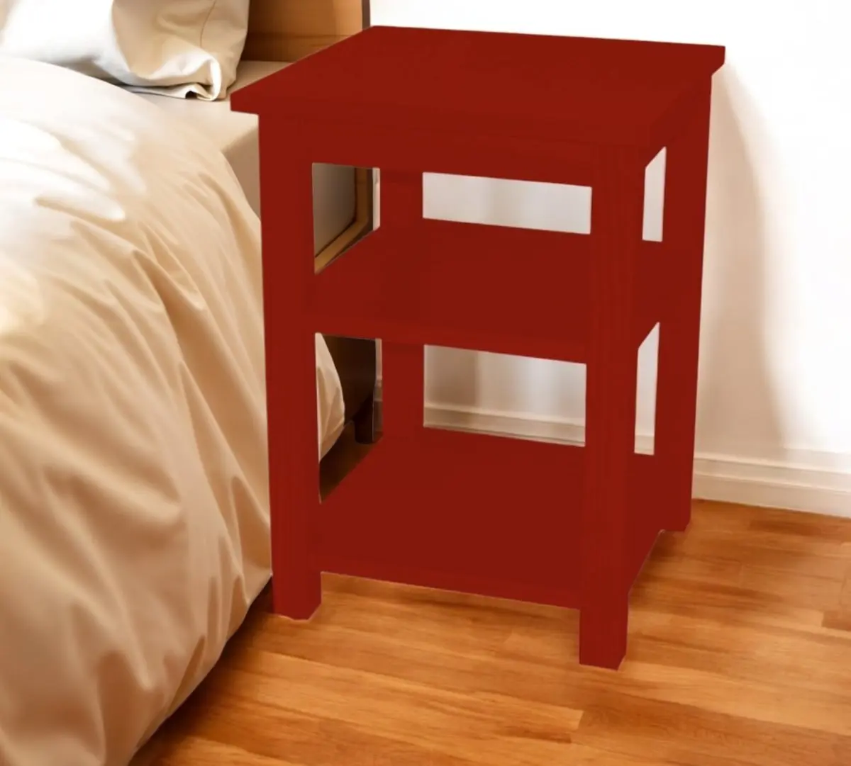HomeRoots 548324 28 in. Red Pine Traditional Bedroom Nightstand - Indoor Furniture Side Table, Accent Table with 2 Open Shelves, Assembly Required