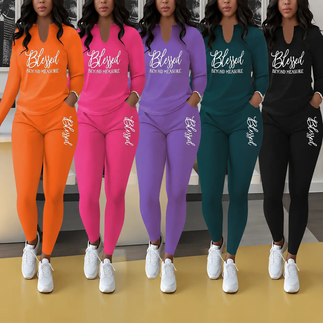 2026 Plus Size Women's Fashion V-Neck Long-Sleeve Printed Top with Leggings Two-Piece Set Loose-Fit Casual Clothes for Everyday Wear|  Polyester fiber material