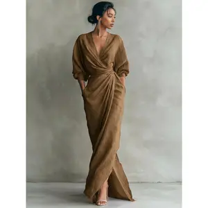 Women's Longsleeves Red Wrap V-Neck Midi Sports Dress, Lady's Ruched Waist Style with Pockets & Slit, Party Dress for Wedding Guest & Evening Events