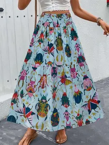 Women's Insect Print Casual Umbrella Skirt, Loose-Fitting Long Half-Sleeve Dress, Comfortable Daily Wear, Stylish Fashion Design, Womenswear