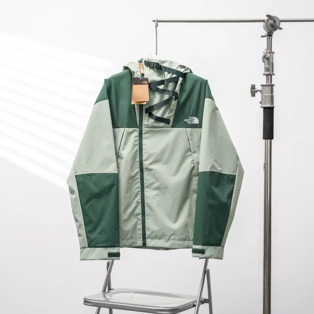 Two Tone Green Color Block Hooded Windbreaker Waterproof Breathable Outdoor Hiking Rain Jacket