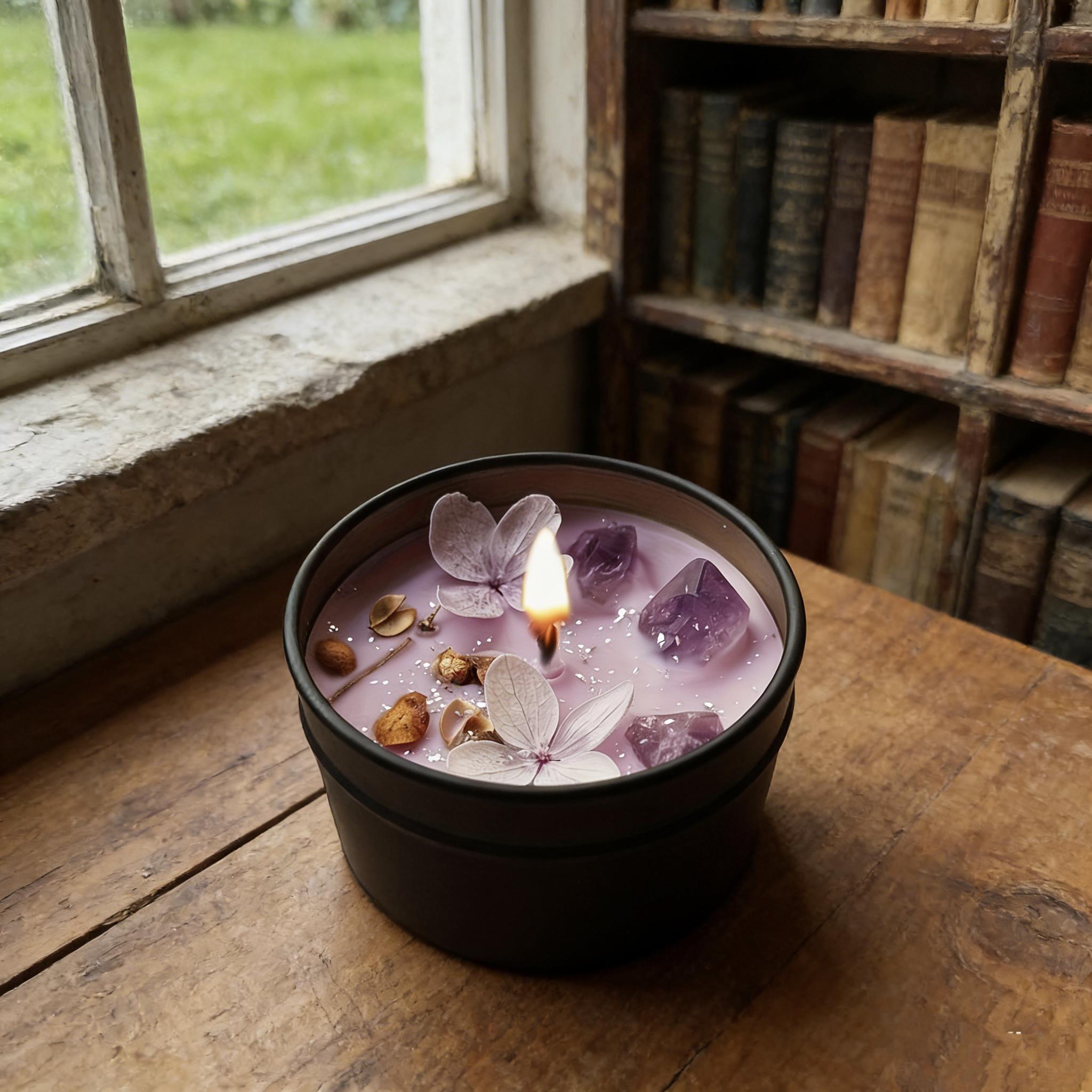 4-piece set of purple amethyst lavender soy wax scented candles with crystal petals embedded, aesthetic fragrance in iron tin candles, home decor for relaxation and gifting, creative/candle making - mold materials