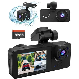 3 Channel Dash Cam,4K+1080P Dash Cam Front and Rear Inside, Dash Camera for Cars, Triple Car Camera with 32GB Card,Built-in G-Sensor, 2’’ IPS Display Car Camera,Loop Recording,24Hr Parking