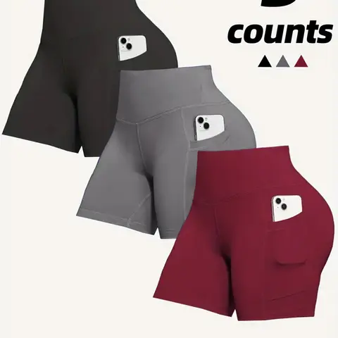 3pcs Women's Super Soft Biker Shorts  High-Waist Yoga Shorts with Pockets | Breathable, Butt-Lifting, Stretchy Elastane Fabric | for Women - Ideal for Sports & Summer Fitness Yoga Shorts