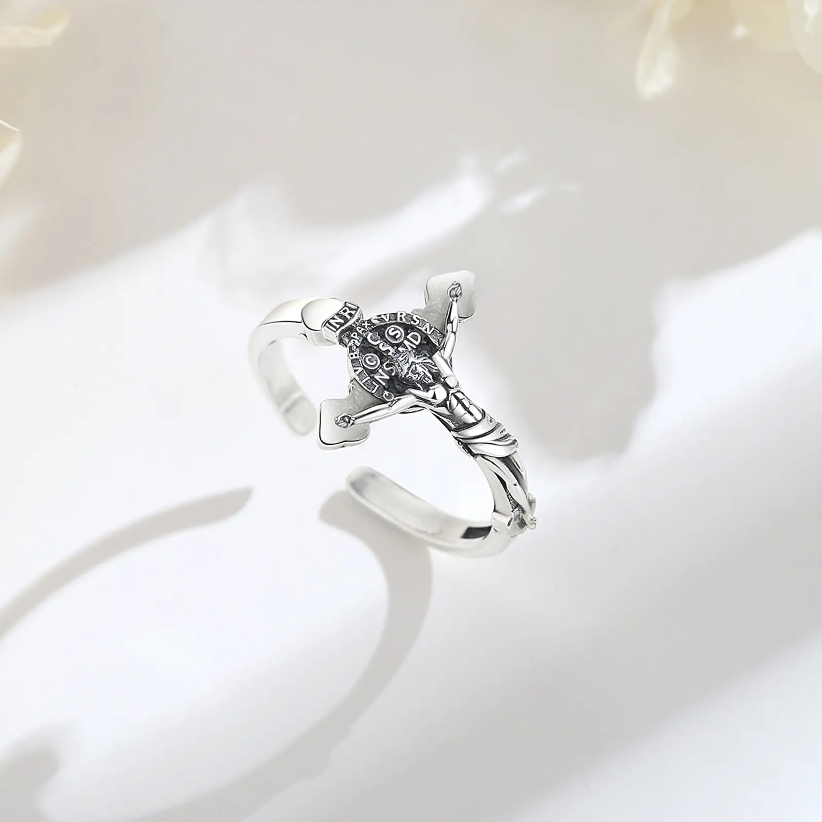 Eudora S925 Sliver Vintage Saint Benedict Ring, Adjustable St.Benedict Open Ring, Unisex Band with Benedictine Cross & Latin Inscriptions, Christian Jewelry Gift Eudora S925 Sliver Vintage Saint Benedict Ring, Adjustable St.Benedict Open Ring, Unisex Band with Benedictine Cross & Latin Inscriptions, Christian Jewelry Gift