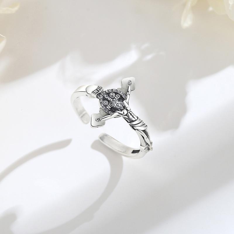 Eudora S925 Sliver Vintage Saint Benedict Ring, Adjustable St.Benedict Open Ring, Unisex Band with Benedictine Cross & Latin Inscriptions, Christian Jewelry Gift Eudora S925 Sliver Vintage Saint Benedict Ring, Adjustable St.Benedict Open Ring, Unisex Band with Benedictine Cross & Latin Inscriptions, Christian Jewelry Gift