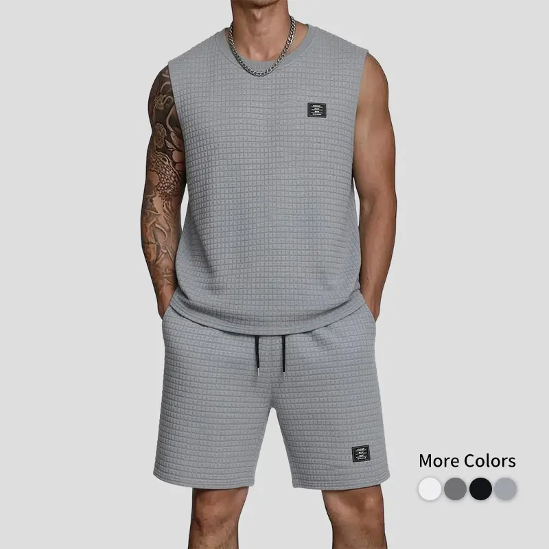 Men's 2-Piece Casual Athletic Basics Outfit - Jacquard Sleeveless Polyester Top, Relaxed Fit Shorts Set, Machine Washable