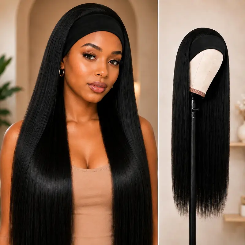 Brennas Women's Straight Headband Glueless Synthetic Full Machine Wig - 220% Density, Heat Resistant, Low-Tangle Smooth, Low Shed, Sleek Finish, Beginner Friendly, Natural Looking Pink Ombre Black Soft Hair Wig for Daily Travel Use