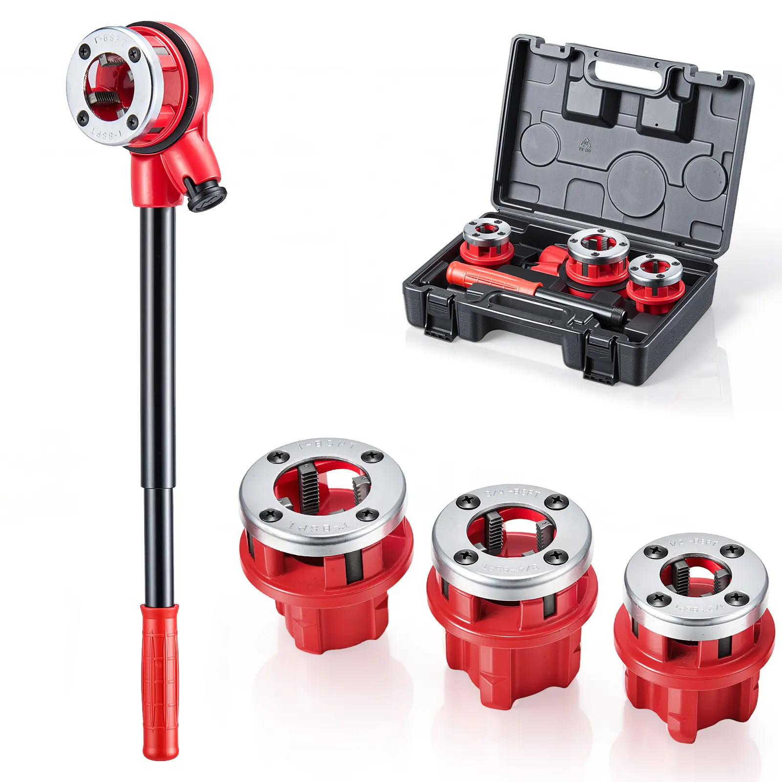 Ratchet Pipe Threader Kit with 3 Dies, 1/2" BSPT, 3/4" BSPT, 1" BSPT Manual Ratcheting Pipe Threading Tool, Portable Pipes Threader Set with Toolbox for Plumbing Installation & Repair