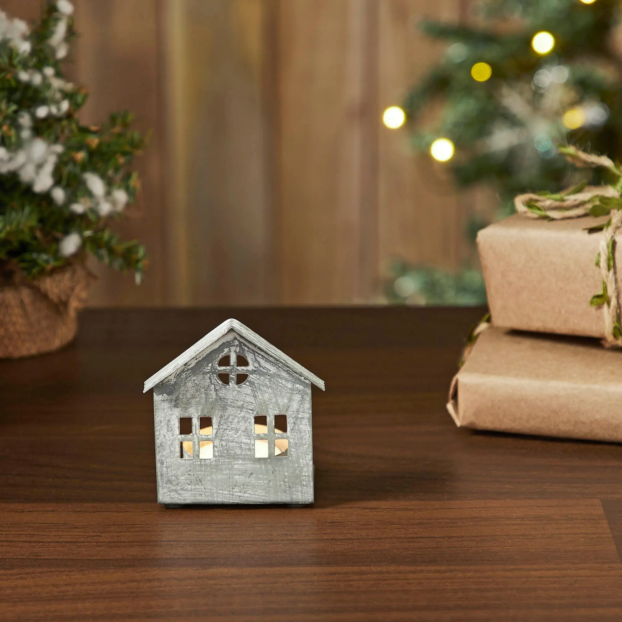 Tealight Candle Holder, Rustic Metal Village House G Antique Grey Small Size Interior Decoration Accessory for Kitchen Home Decor, Interior Decoration Accessories, Window, 3.25" X 2.75" X 2"