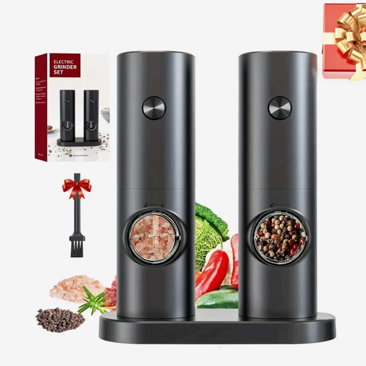Electric Salt & Pepper Grinder Set, 2 Counts/set Adjustable Coarseness Salt & Pepper Mill with Base, Seasoning Utensils for Home Dining Room Barbecue