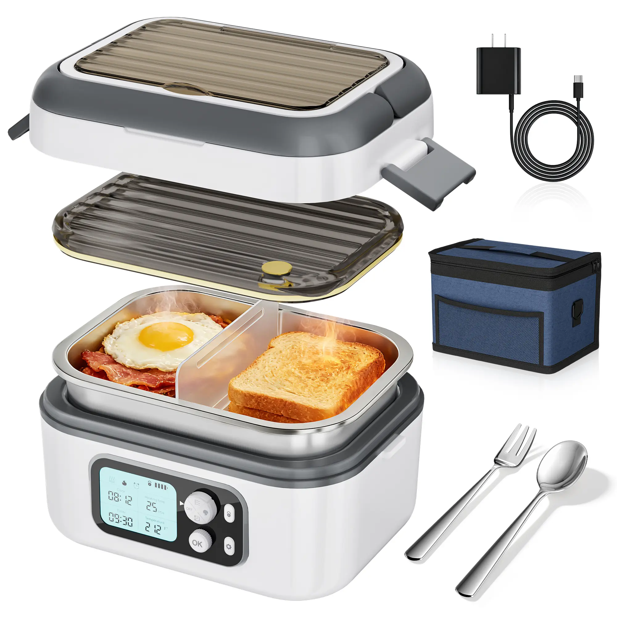Yofidra Cordless Electric Heated Lunch Box 6 Cups Self Heating with 24000mAh Battery Timer & Temperature Control Portable Food Warmer for Adults Men Women in Office Outdoor Black Tableware Set
